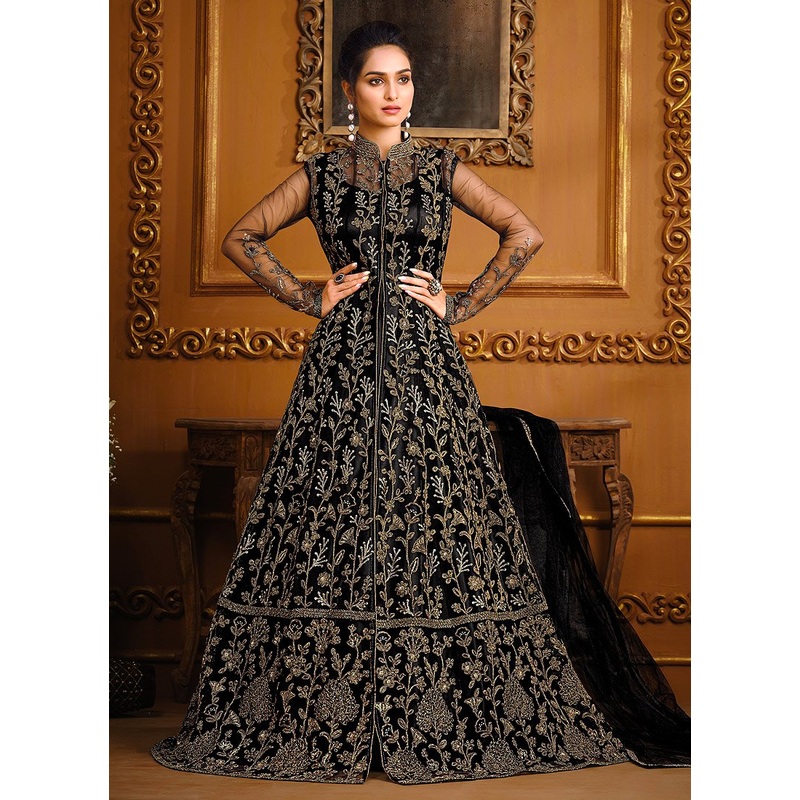 Slit Style Bold Black Net Embellished Anarkali Pant/Lehenga Suit