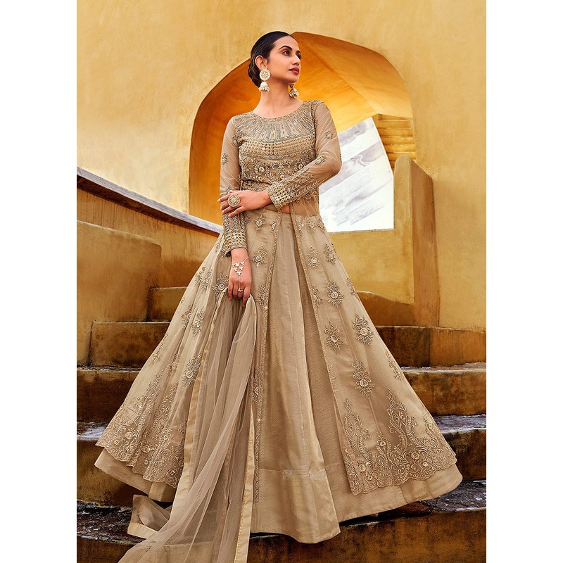 Slit Style Golden Beige Net Lehenga/Pant Style Anarkali Suit