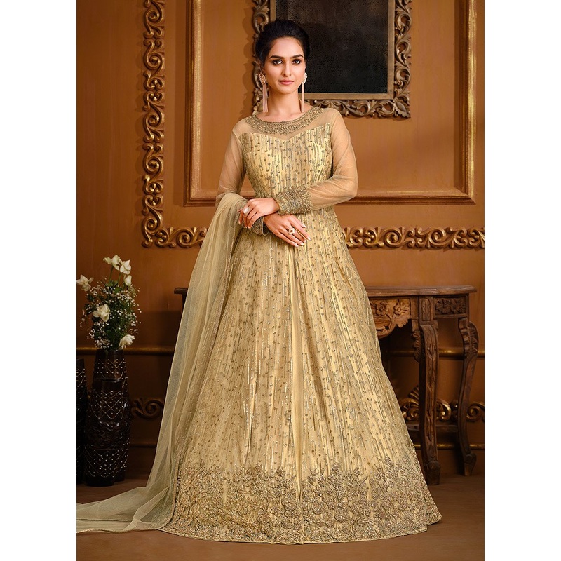Slit Style Light Gold Net Embellished Anarkali Pant/Lehenga Suit