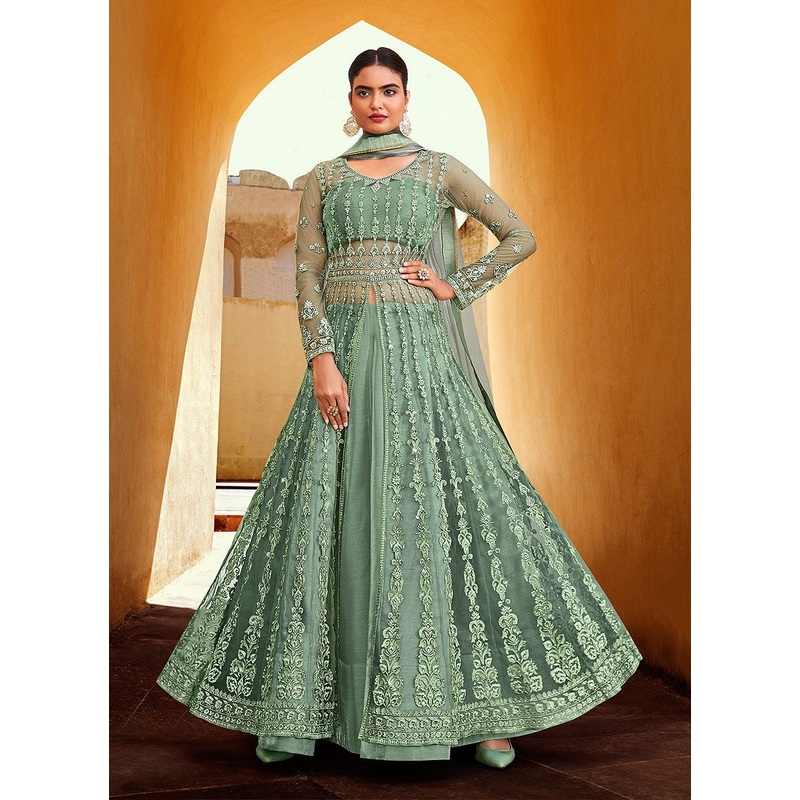 Slit Style Ocean Green Net Lehenga/Pant Style Anarkali Suit
