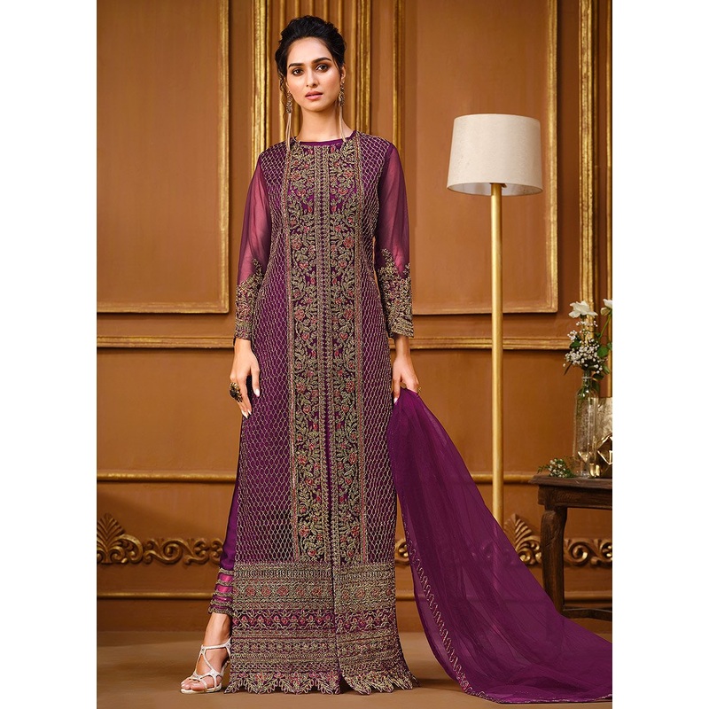 Slit Style Plum Purple Net Embellished Anarkali Pant Suit