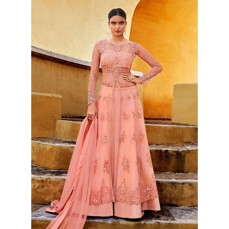 Slit Style Pretty Peach Net Lehenga/Pant Style Anarkali Suit
