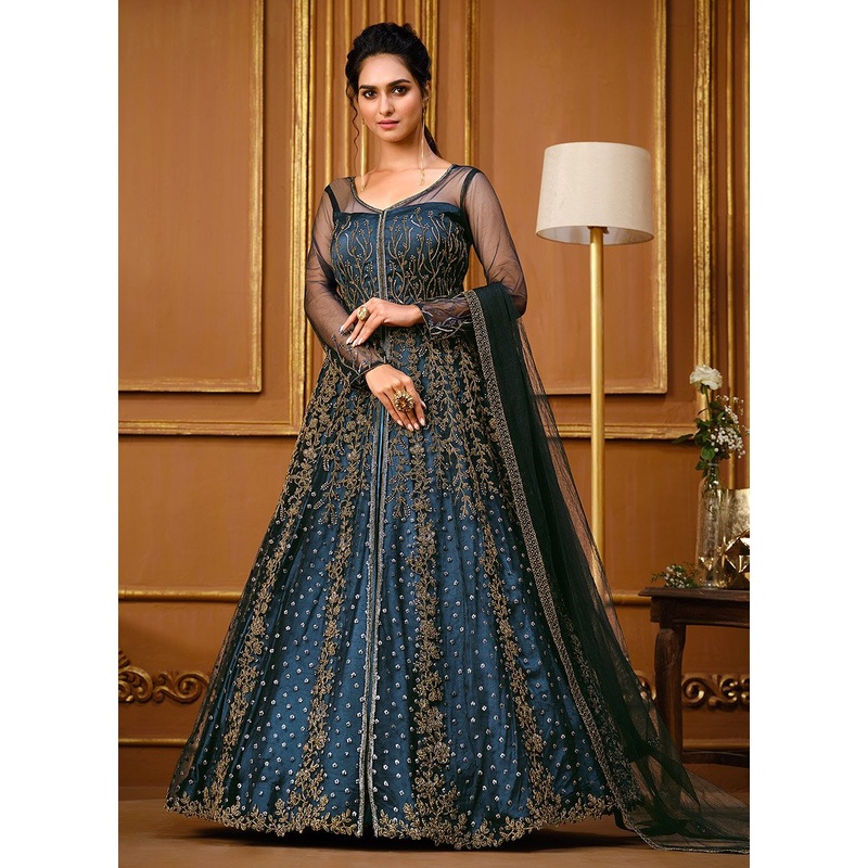 Slit Style Steel Blue Net Embellished Anarkali Pant/Lehenga Suit