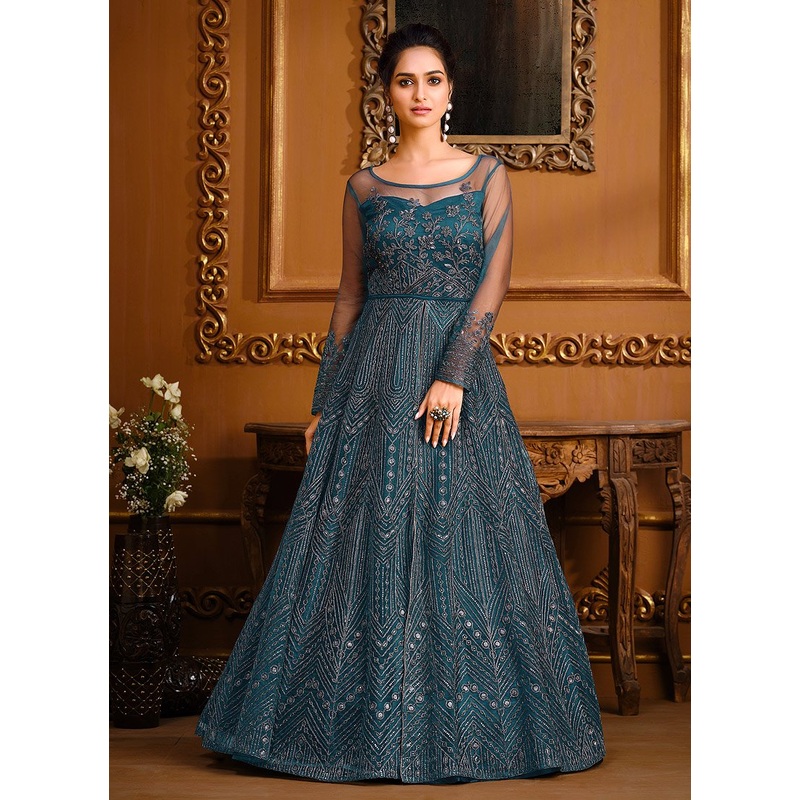 Slit Style Teal Blue Net Embellished Anarkali Pant/Lehenga Suit