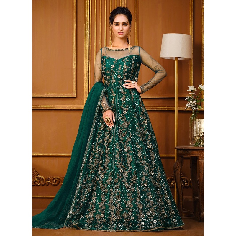 Slit Style Teal Green Net Embellished Anarkali Pant/Lehenga Suit