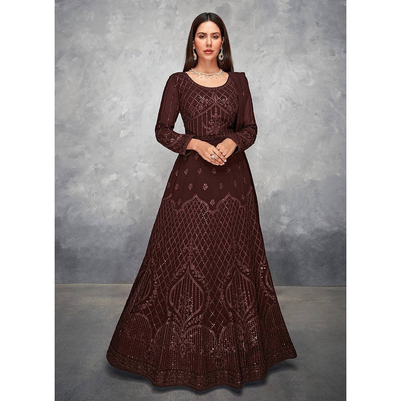 Thread Embroidered Brown Georgette Anarkali Suit