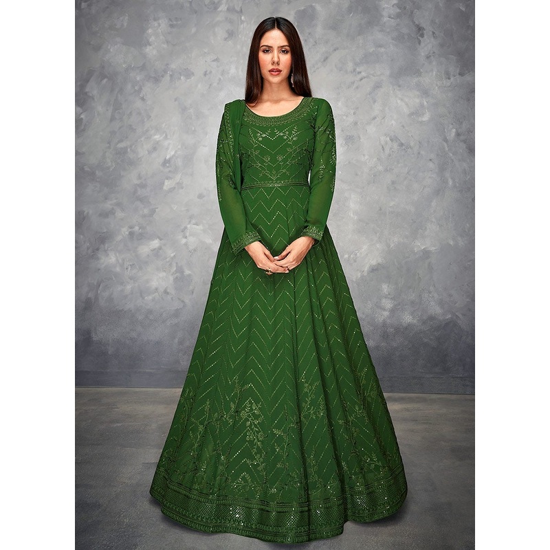 Thread Embroidered Green Georgette Anarkali Suit