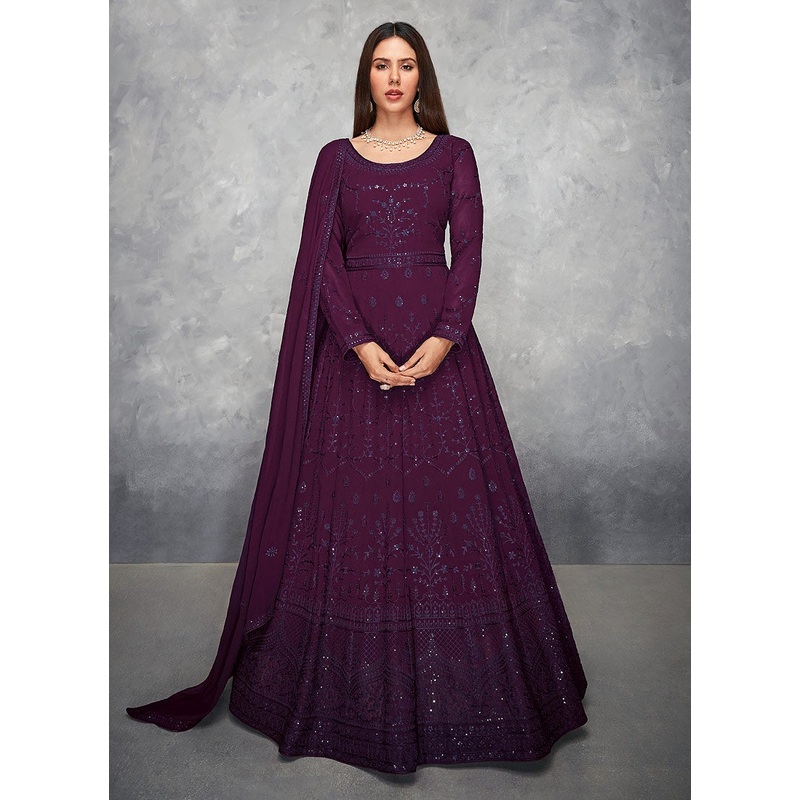 Thread Embroidered Purple Georgette Anarkali Suit