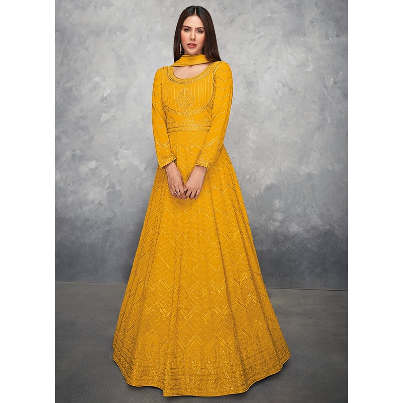 Thread Embroidered Yellow Georgette Anarkali Suit