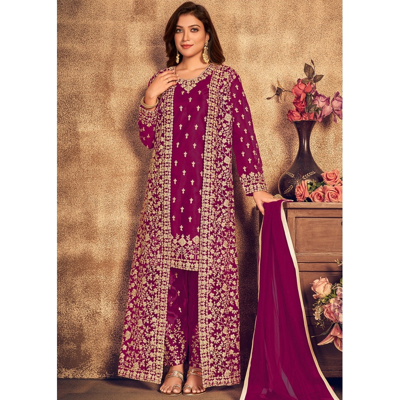 Trendy Magenta Satin Net Suit with Heavy Jacket