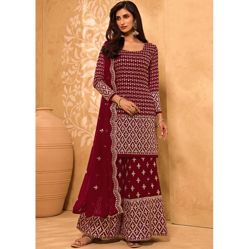 Trendy Maroon Party Style Designer Sharara Suit