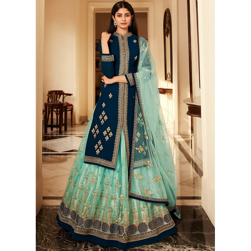 Turquoise Blue Long Kurti Style Embroidered Lehenga