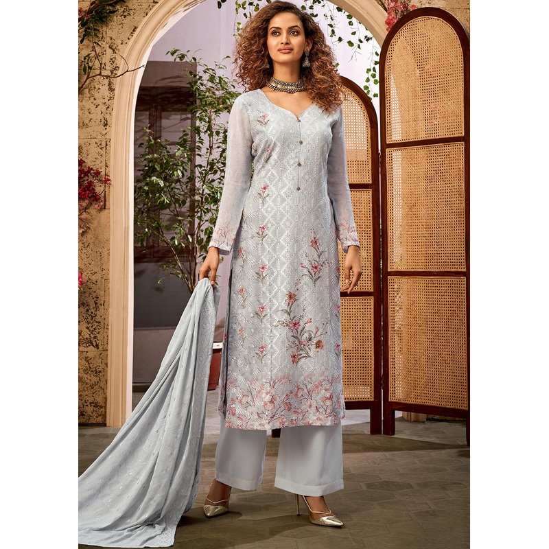 Viscose Georgette Bluish Grey Sequins Salwar Suit