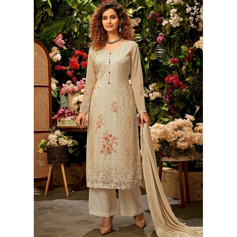 Viscose Georgette Elegant Beige Sequins Salwar Suit