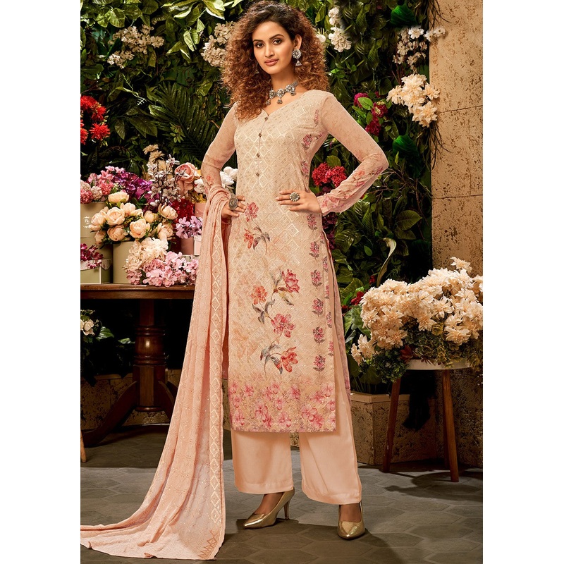 Viscose Georgette Light Peach Sequins Salwar Suit