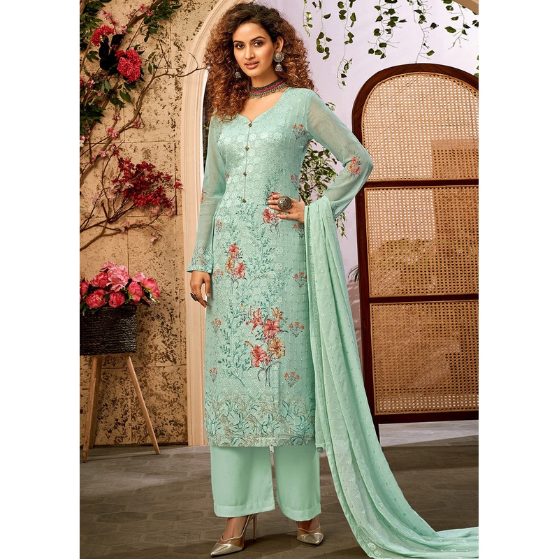 Viscose Georgette Turquoise Blue Sequins Salwar Suit
