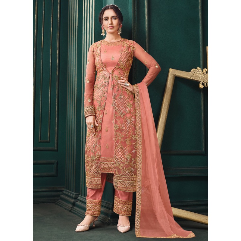 Wedding Party Coral Peach Designer Pant Suit with Jacket