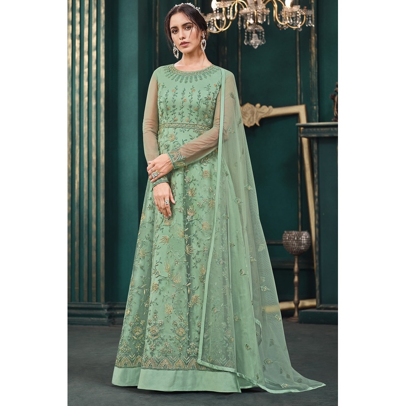 Wedding Party Sage Green Net Designer Anarkali Suit