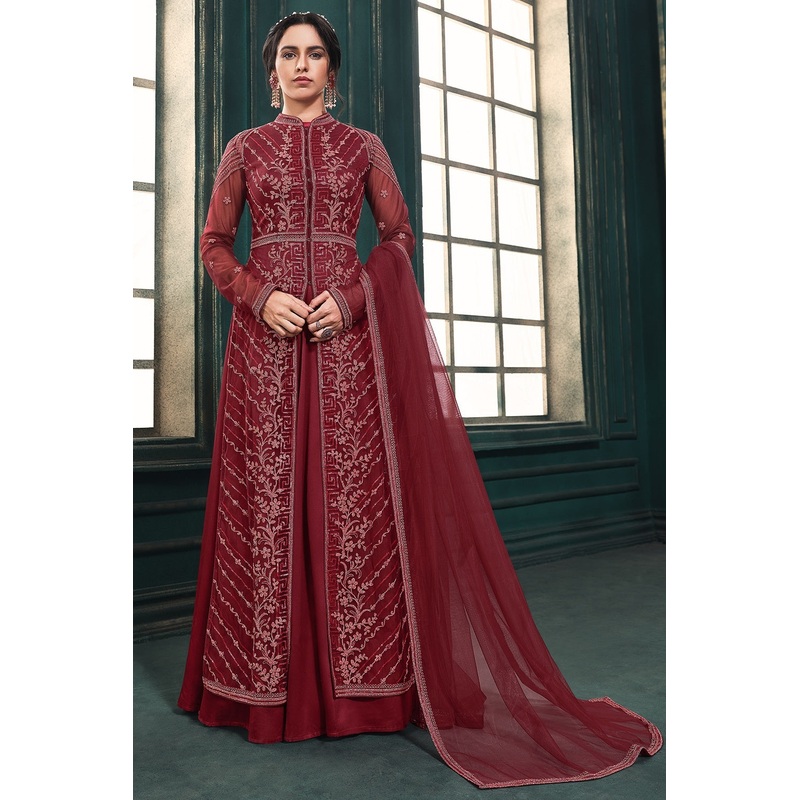 Wedding Party Slit Cut Maroon Net Designer Anarkali Suit