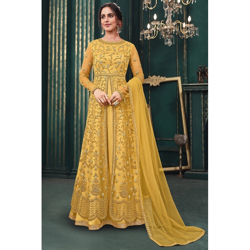 Wedding Party Slit Cut Yellow Net Designer Anarkali Suit