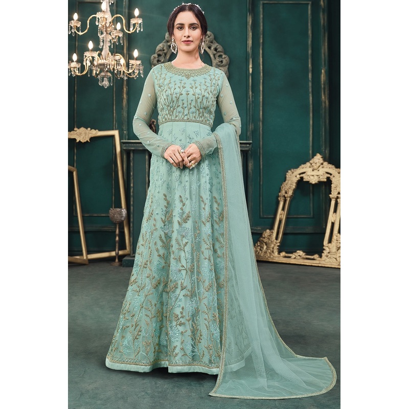 Wedding Party Turquoise Blue Net Designer Anarkali Suit