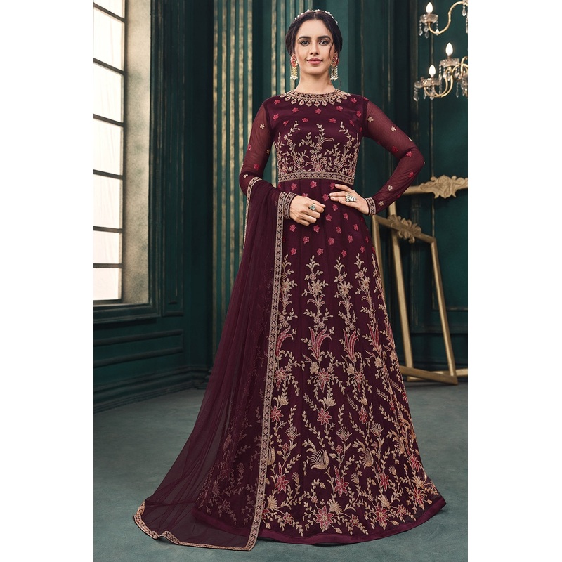 Wedding Party Wine Maroon Net Designer Anarkali Suit