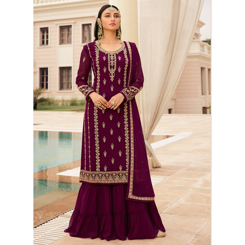 Wine & Gold Embroidered Sequins Sharara Suit