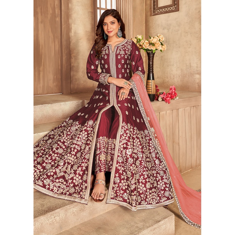 Art Silk Maroon Front Slit Designer Anarkali Suit