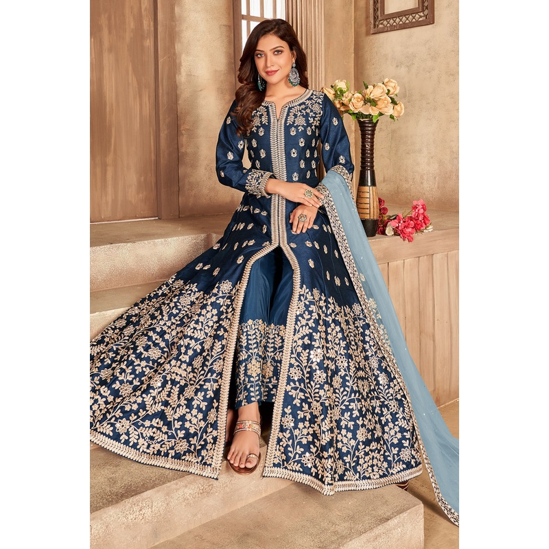 Art Silk Navy Blue Front Slit Designer Anarkali Suit