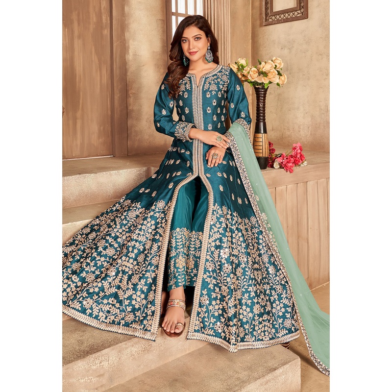 Art Silk Teal Blue Front Slit Designer Anarkali Suit
