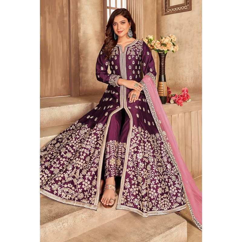 Art Silk Wine Front Slit Designer Anarkali Suit