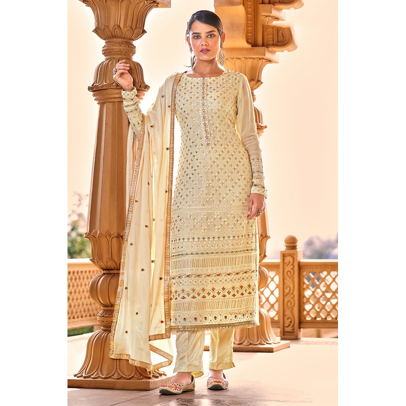 Beautiful Beige Georgette Viscose Embroidered Salwar Suit