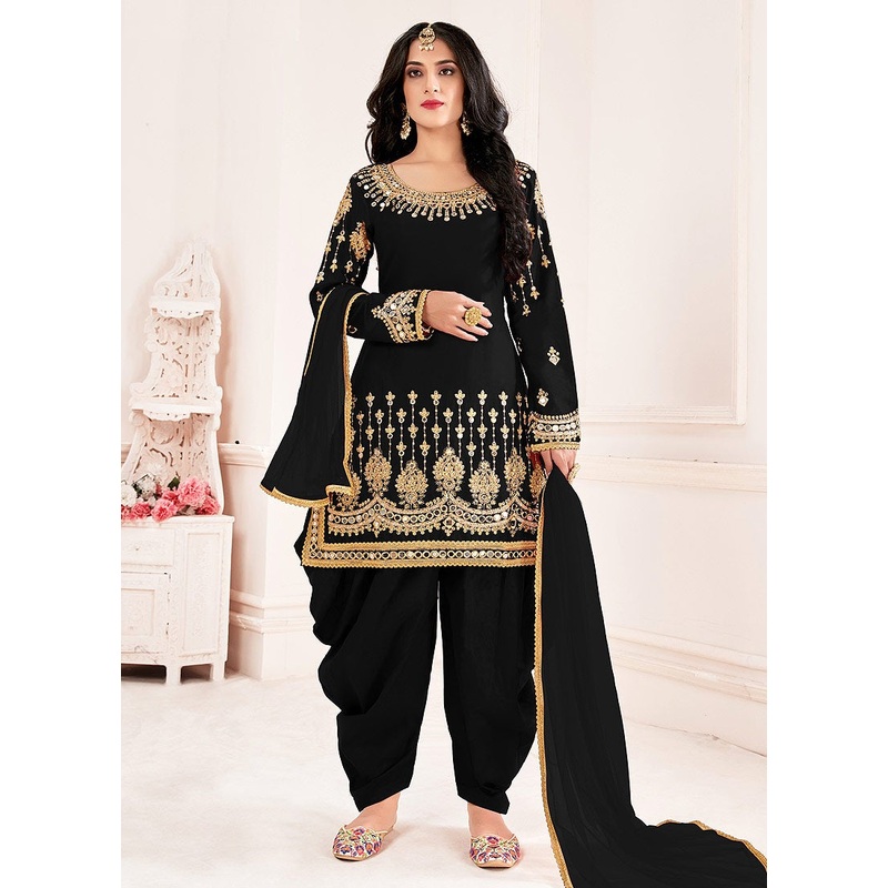 Black Patiala Style Mirror Embroidered Punjabi Suit