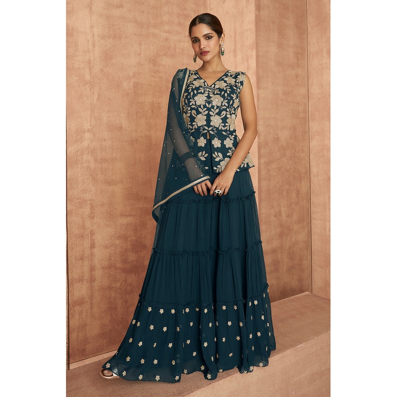 Blue Crop Top 3 Piece Georgette Indo-Western Palazzo Suit