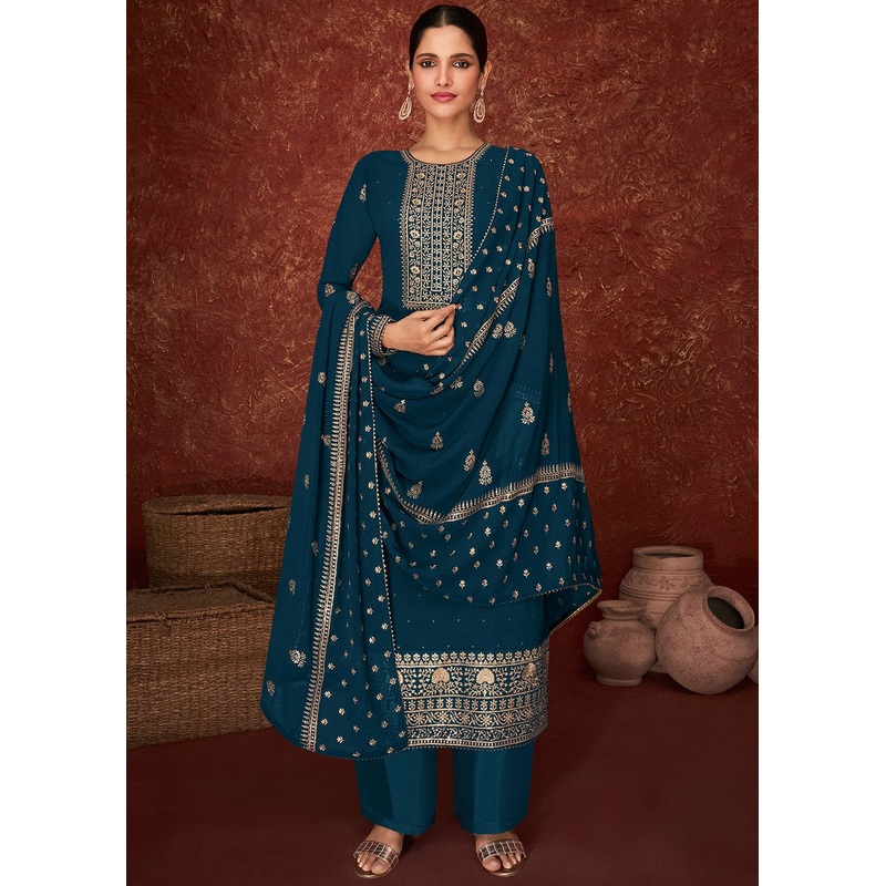 Blue & Gold Splendid Embroidered Pakistani Style Suit