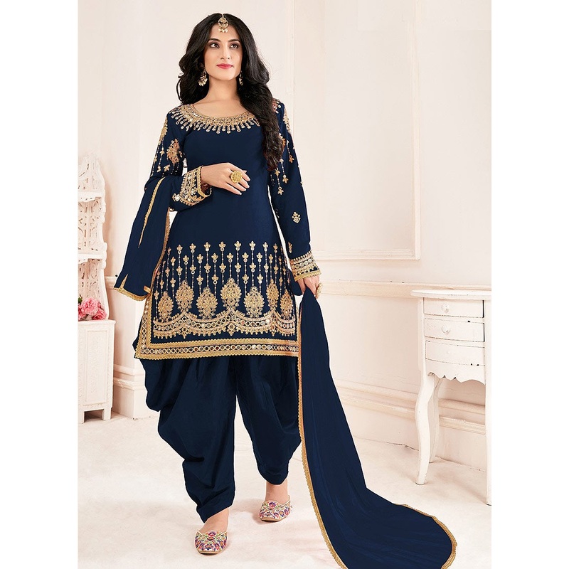 Blue Patiala Style Mirror Embroidered Punjabi Suit