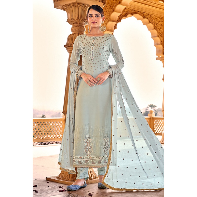 Bluish Grey Viscose Embroidered Salwar Suit