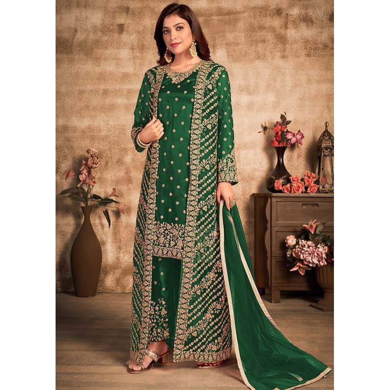 Bottle Green Stone Work Festival Jacket Style Suit