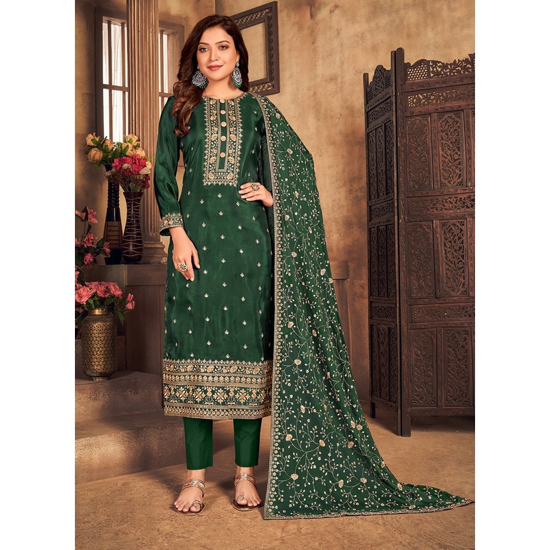 Bottle Green Viscose Embroidered Straight Pant Style Suit