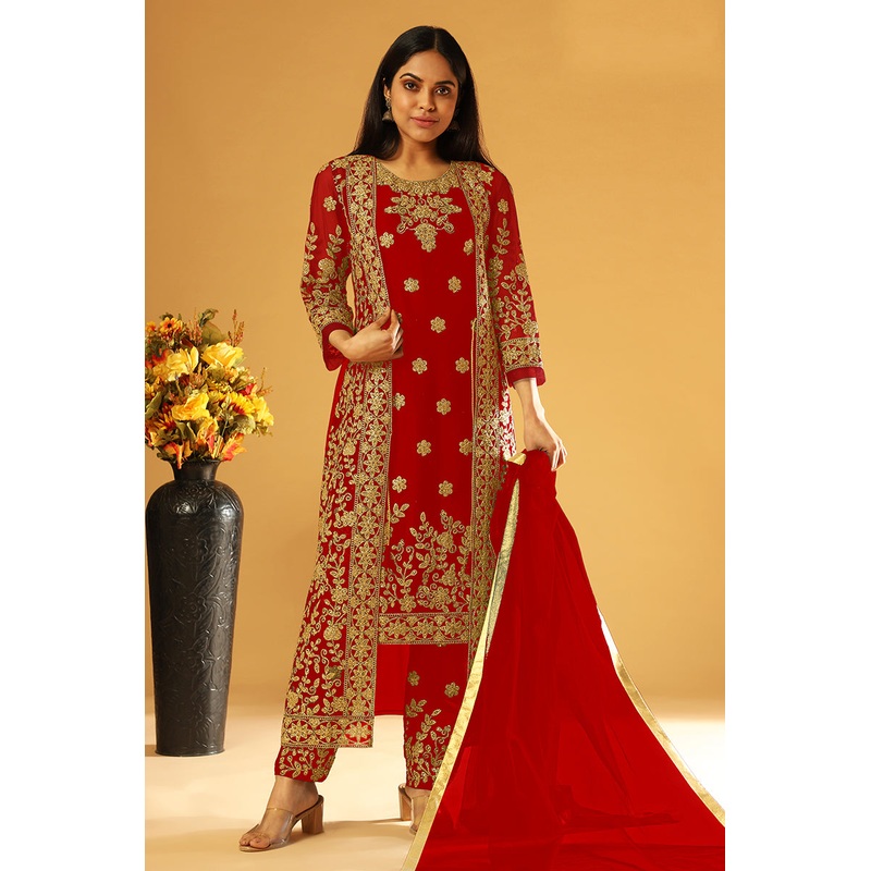 Bright Red Festive Wear Straight Cut Pant Style Suit