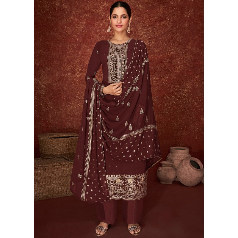 Brown & Gold Splendid Embroidered Pakistani Style Suit