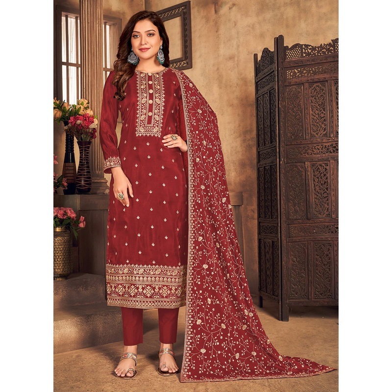 Burgundy Maroon Viscose Embroidered Straight Pant Style Suit