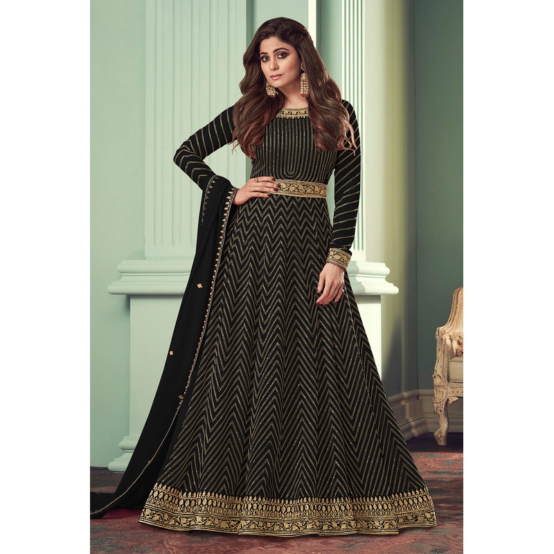 Charcoal Black Belt Style Anarkali Featuring Shamita Shetty