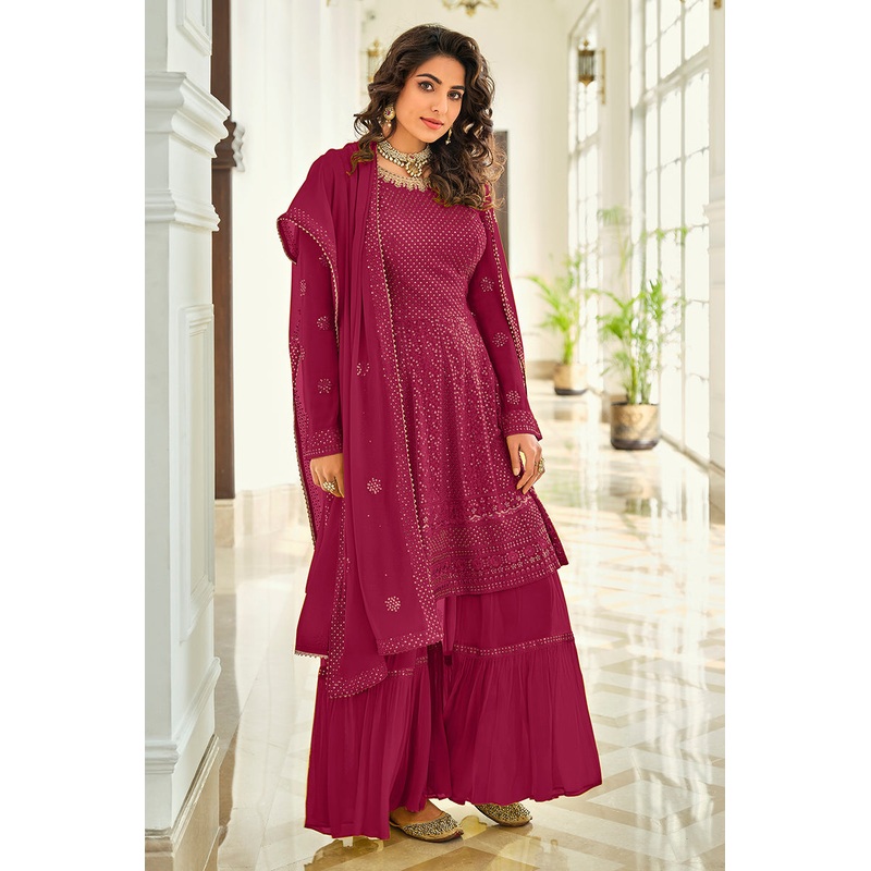 Classic Pink Gharara Style Embroidered Peplum Suit
