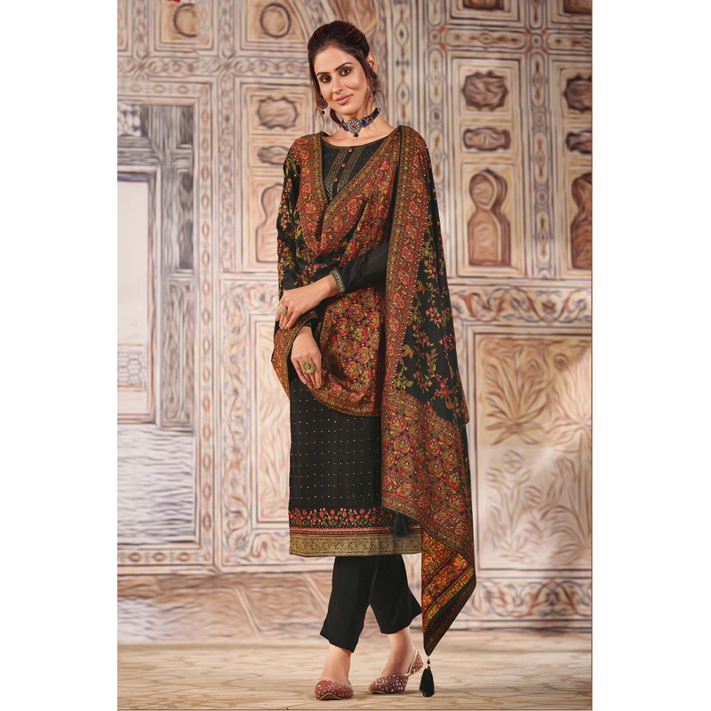 Classy Black Chinnon Sequins Embroidered Pant Style Suit