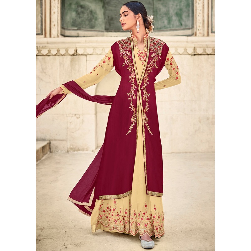 Cream Jacket Style Embroidered Designer Anarkali Suit