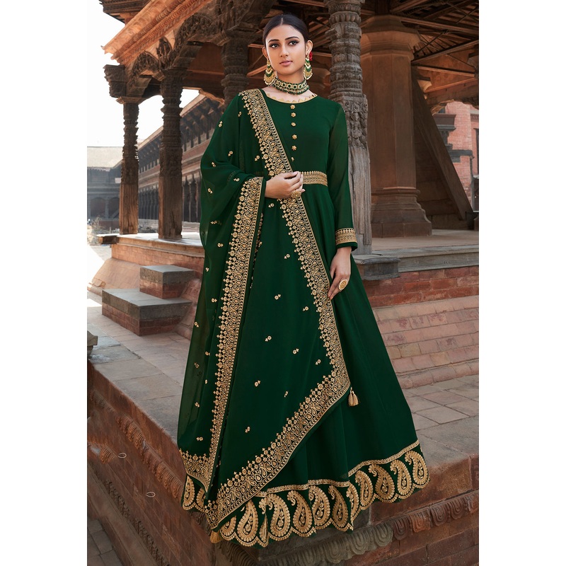 Dark Green Stone Embellished Floor Length Anarkali Suit