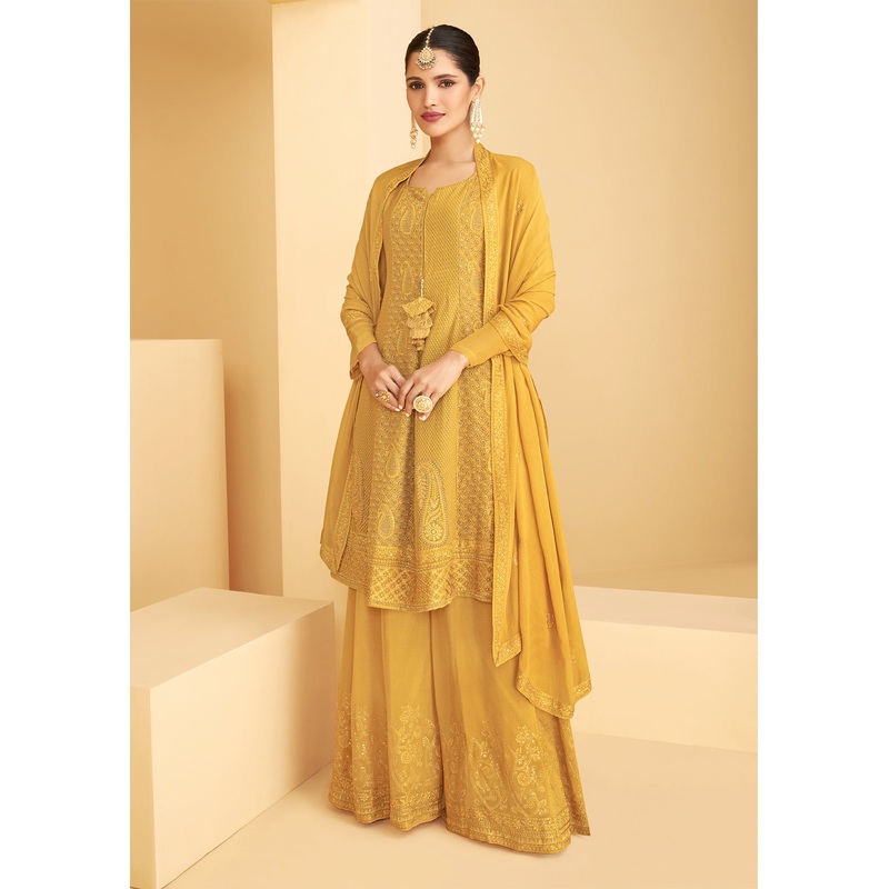 Designer Bright Yellow Georgette Pakistani Style Sharara Suit