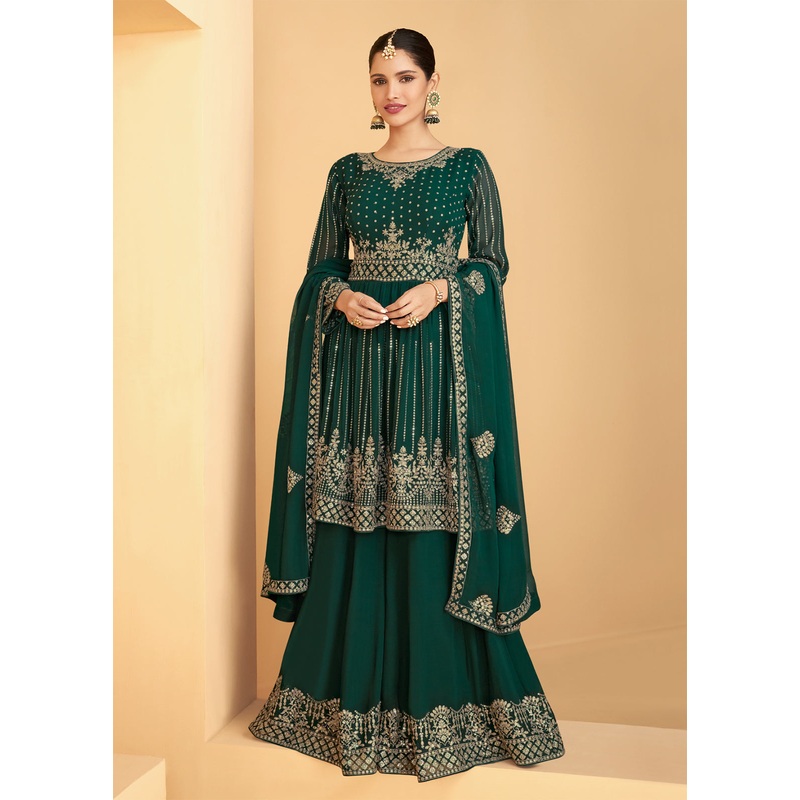 Designer Dark Green Georgette Pakistani Style Sharara Suit