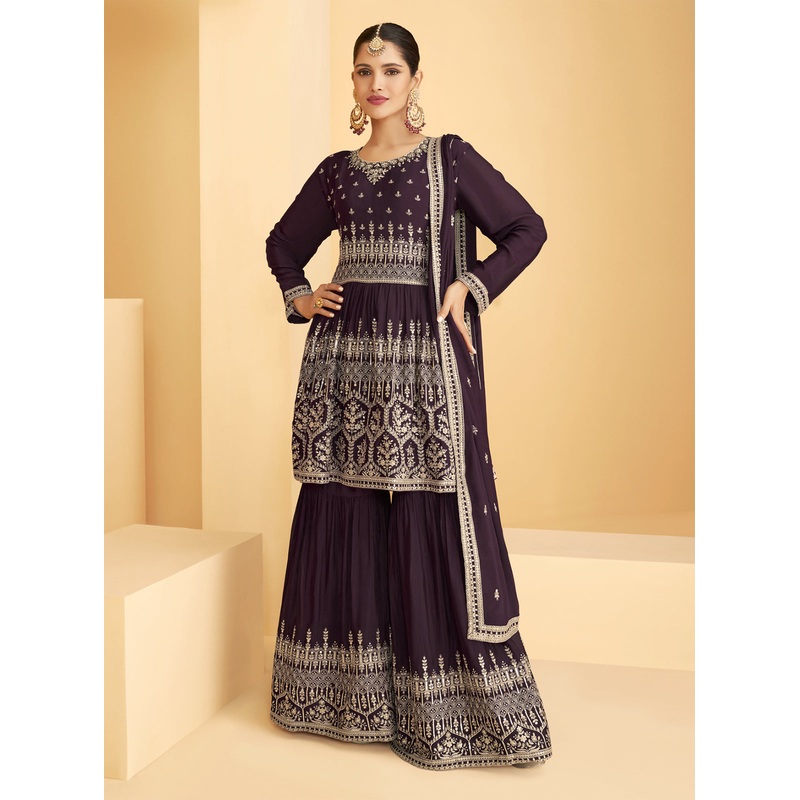 Designer Deep Purple Georgette Pakistani Style Sharara Suit